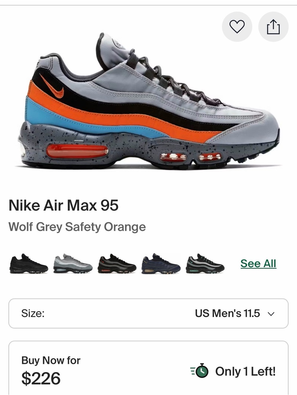 NWOT retail $226 Nike Air Max 95 Men's Sneakers - Grey / Orange / Blue / Black